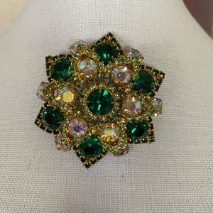 Vintage green an crystal brooche pin